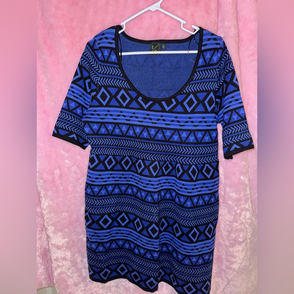T/O Blue and Black Geometric Midi Dress